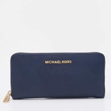 Pre Owned Michael Kors Navy Blue Saffiano Leather Zip Around Wallet