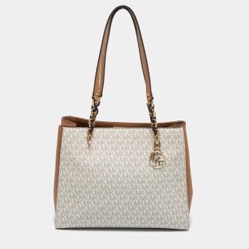 Pre Owned Michael Kors White Monogram Coated Canvas and Leather Large Sofia Tote