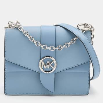 Pre Owned Michael Kors Light Blue Leather Small Greenwich Shoulder Bag