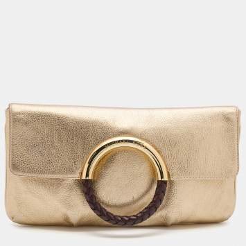 Pre Owned Michael Kors Gold Leather Skorpios Foldover Clutch