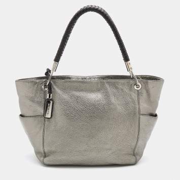 Pre Owned Michael Kors Metallic Silver/Black Leather Skorpio Tote