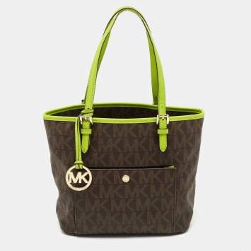Pre Owned Michael Kors Brown/Green Signature Coated Canvas and Leather Medium Snap Pocket Tote