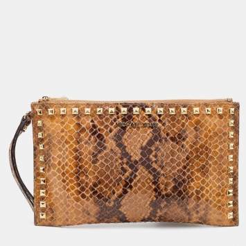 Pre Owned Michael Kors Brown Snakeskin Embossed Leather Studded Sandrine Clutch