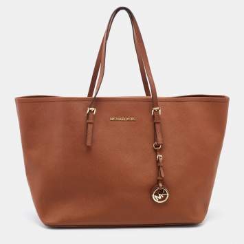 Pre Owned Michael Kors Brown Saffiano Leather Jet Set Tote