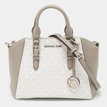 Pre Owned Michael Kors White/Grey Signature Coated Canvas and Leather Ciara Satchel