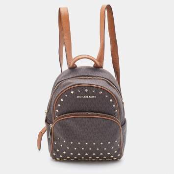 Pre Owned Michael Kors Brown Signature Coated Canvas and Leather Studded Abbey Backpack