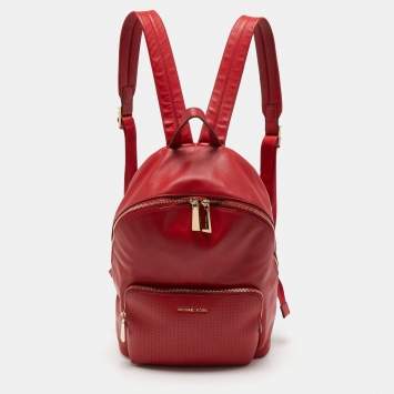 Pre Owned Michael Kors Red Faux Leather Perforated front Pocket Backpack