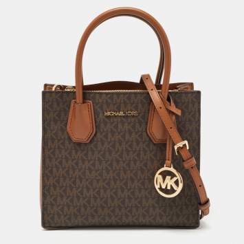 Pre Owned Michael Kors Brown/Tan Signature Coated Canvas and Leather Mini Mercer Tote