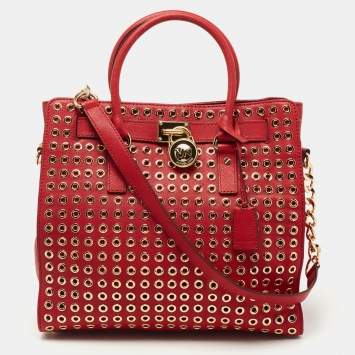 Pre Owned Michael Kors Red Leather Large N/S Grommet Hamilton Tote