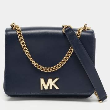 Pre Owned Michael Kors Navy Blue Leather Mott Chain Swag Shoulder Bag