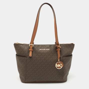 Pre Owned Michael Kors Brown Signature Coated Canvas and Leather East West Tote  