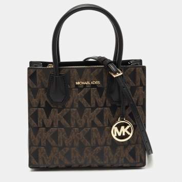 Pre Owned Michael Kors Black/Brown Signature Coated Canvas and Leather Mercer Tote