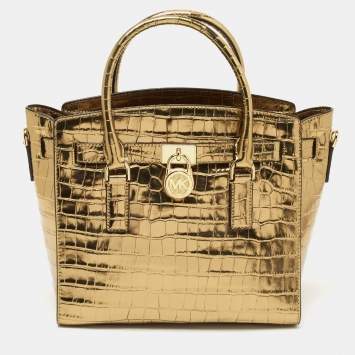 Pre Owned Michael Kors Gold Croc Embossed Leather Hamilton Studio Tote