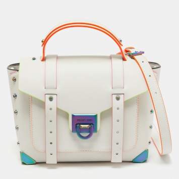 Pre Owned Michael Kors Optic White Leather Multicolor Trim Medium Manhattan Satchel