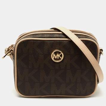 Pre Owned MICHAEL Michael Kors Brown/Beige Signature Coated Canvas and Leather Camera Crossbody Bag