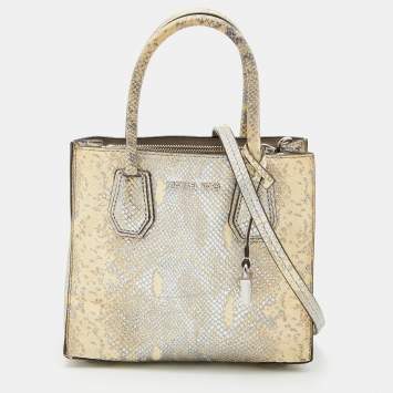 Pre Owned Michael Kors Beige/Gold Python Embossed Leather Small Mercer Tote