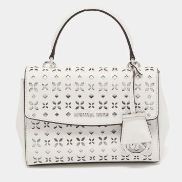 Pre Owned Michael Kors White Leather XS Laser Cut Ava Top Handle Bag