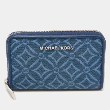 Pre Owned Michael Kors Blue Monogram Jacquard Canvas and Leather Zip Around Card Case 