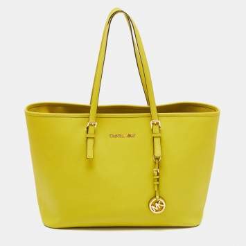 Pre Owned Michael Kors Lime Green Saffiano Leather Large Jet Set Travel Tote