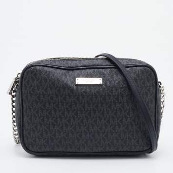مملوكة مسبقًا Michael Kors Black/Grey Signature Coated Canvas and Leather Jet Set Camera Crossbody Bag