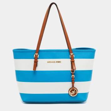 Pre Owned Michael Michael Kors Blue/White Saffiano Leather Small Stripe Travel Tote