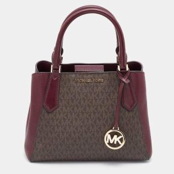 Pre Owned Michael Kors Brown/Burgundy Signature Coated Canvas and Leather Tote