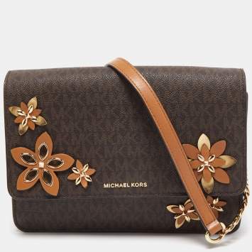 Pre Owned Michael Kors Brown Signature Coated Canvas and Leather Floral Daniela Shoulder Bag