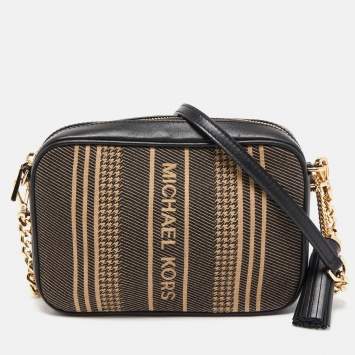 Pre Owned Michael Kors Black/Beige Canvas and Leather Logo Striped Crossbody Bag