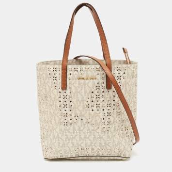 Pre Owned Michael Michael Kors White/Gold Laser Cut Leather Medium Hayley Tote