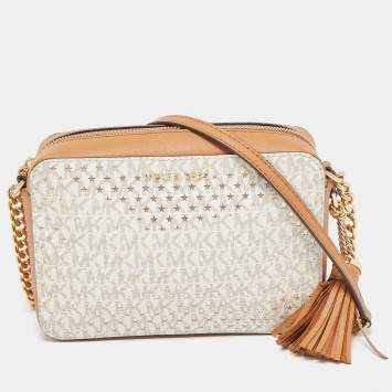 Pre Owned Michael Kors Beige/Tan Signature Star Cut-Out Coated Canvas and Leather Jet Set Crossbody Bag