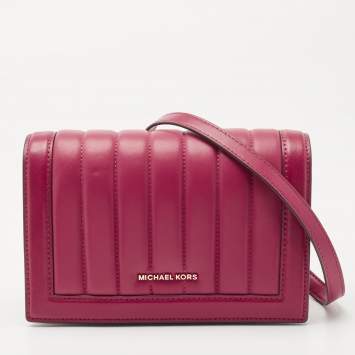 Pre Owned Michael Kors Dark Pink Striped Leather Jet Set Crossbody Bag