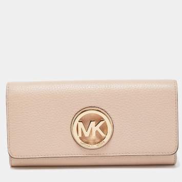 Pre Owned Michael Kors Pink Leather Fulton Flap Continental Wallet