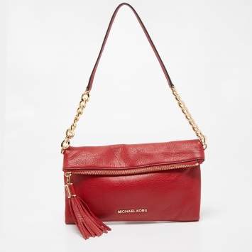 Pre Owned Michael Kors Red Leather Fold Over Tassel Clutch Bag
