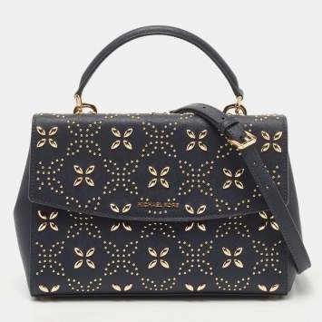 Pre Owned Michael Kors Navy Blue Studded Leather Medium Ava Top Handle Bag