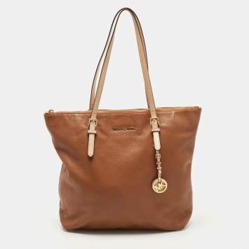 Pre Owned Michael Kors Brown/Beige Soft Leather Jet Set Zip Tote