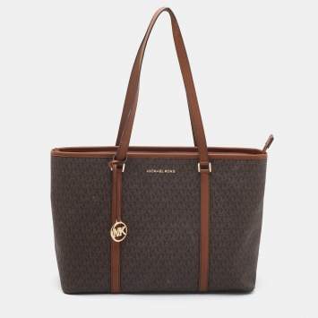 Pre Owned Michael Kors Brown/Tan Signature Coated Canvas Sady Shopper Tote