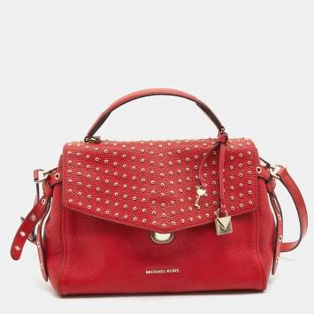 Pre Owned Michael Kors Red Leather Medium Studded Bristol Top Handle Bag