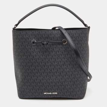 Pre Owned Michael Kors Black/Grey Signature Canvas Suri Drawstring Bucket Bag