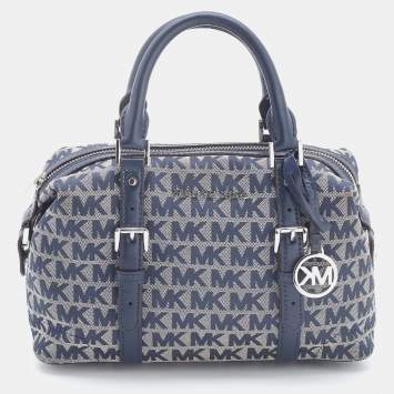 Pre Owned Michael Kors Grey/Blue Signature Canvas and Leather Zip Satchel