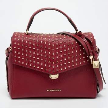 Pre Owned Michael Kors Red Leather Medium Studded Bristol Top Handle Bag