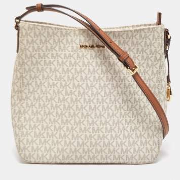 Pre Owned Michael Kors White/Brown Signature Coated Canvas and Leather Large Jet Set Travel Messenger Bag