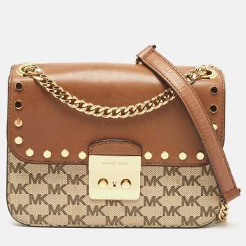 Pre Owned Michael Kors Beige/Brown Signature Coated Canvas and Leather Medium Sloan Studded Bag