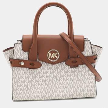 Pre Owned Michael Kors White/Tan Signature Coated Canvas and Leather Carmen Satchel