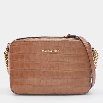Pre Owned Michael Kors Brown Croc Embossed Leather Medium Ginny Crossbody Bag 
