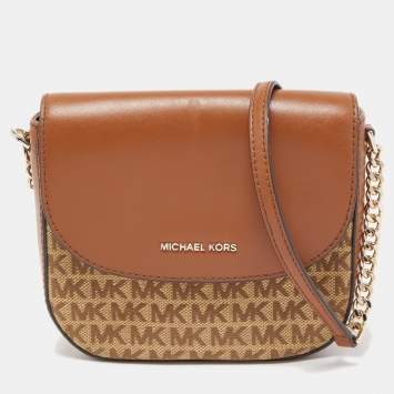 Pre Owned Michael Kors Brown/Beige Signature Canvas and Faux Leather Dome Crossbody Bag