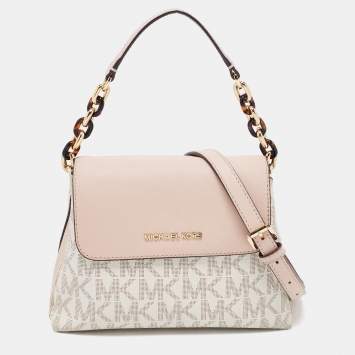 Pre Owned Michael Kors Pink/Off-White Signature Canvas And Leather Small Portia Shoulder Bag