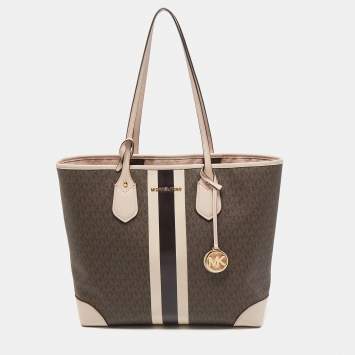 Pre Owned Michael Kors Old Rose/Brown Signature Coated Canvas and Leather Large Logo Stripe Eva Tote