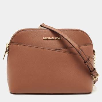 Pre Owned Michael Kors Brown Leather Jet Set Travel Dome Crossbody Bag