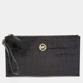 Pre Owned Michael Kors Black Croc Embossed Leather Wristlet Clutch