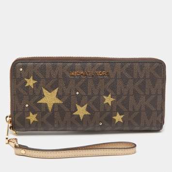 Pre Owned Michael Kors Brown Signature Coated Canvas Strap Zip Around Wallet